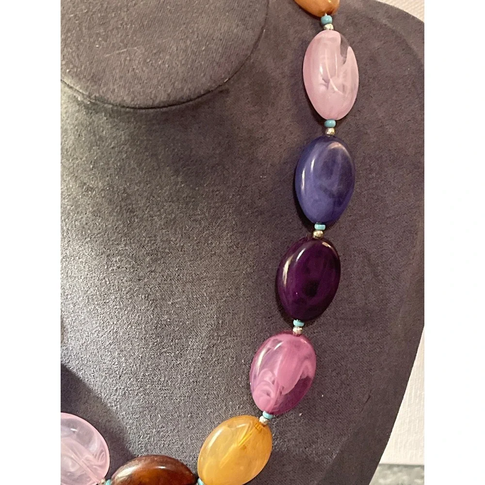Multi Color Resin Oval Bead Necklace Boho Statement Adjustable Silver Tone Clasp
